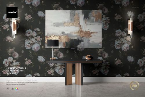 PSD mockup showing a spacious room with marble flooring, a console table, and a canvas print on a dark floral wall.