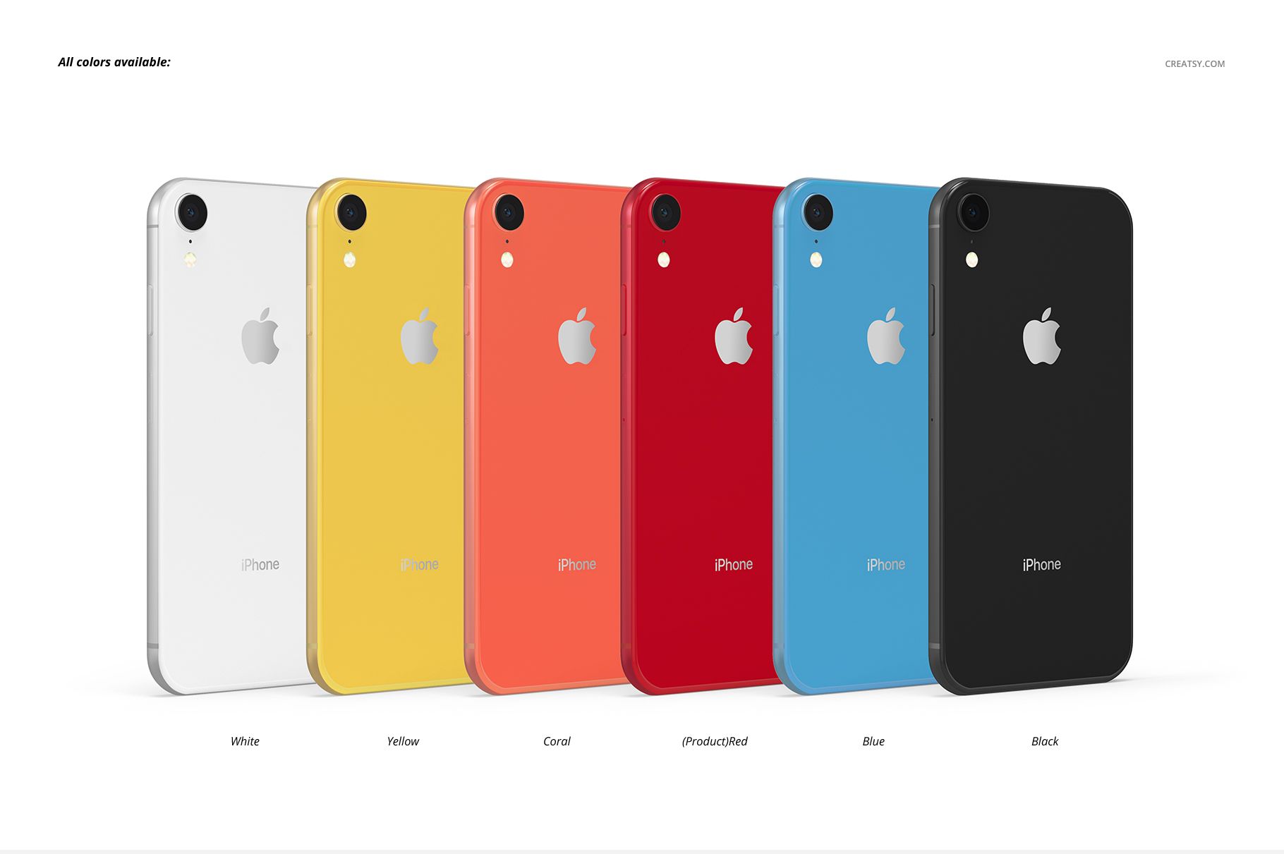 Front view of six iPhone XR clear case mockups in white, yellow, coral, red, blue, and black on a plain background.