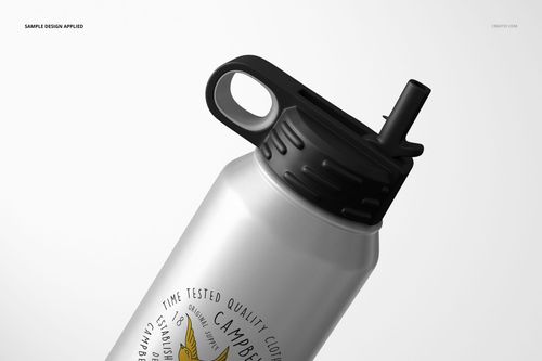Close-up of a 30 oz stainless steel water bottle mockup with black lid and handle, custom design on front.