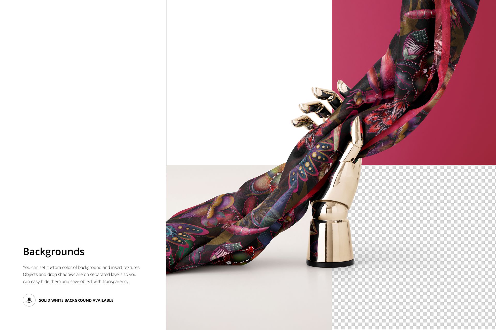 Close-up of a patterned silk scarf in vibrant colors wrapped around a metallic mannequin hand, shown as a PSD mockup.