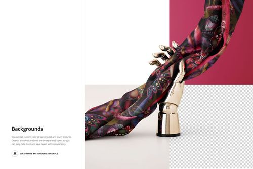 Close-up of a patterned silk scarf in vibrant colors wrapped around a metallic mannequin hand, shown as a PSD mockup.