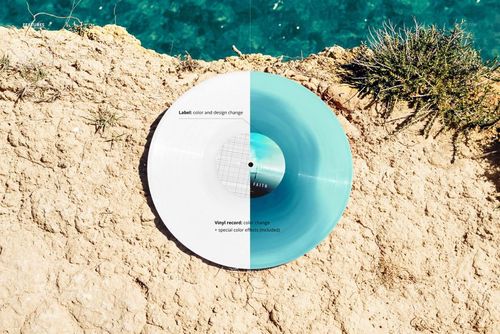 Colored vinyl record mockup displayed on a rocky coast, split into white and blue sections with ocean in background.