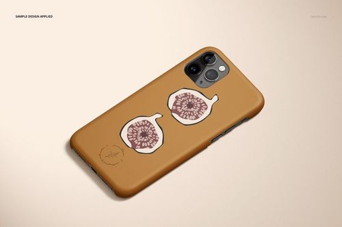 iPhone 11 Pro matte snap case mockup with a brown background and illustrated fig design, shown in angled view.