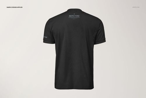 Oversized black t-shirt mockup shown from the back on a plain white background, with subtle printed text near the neckline.