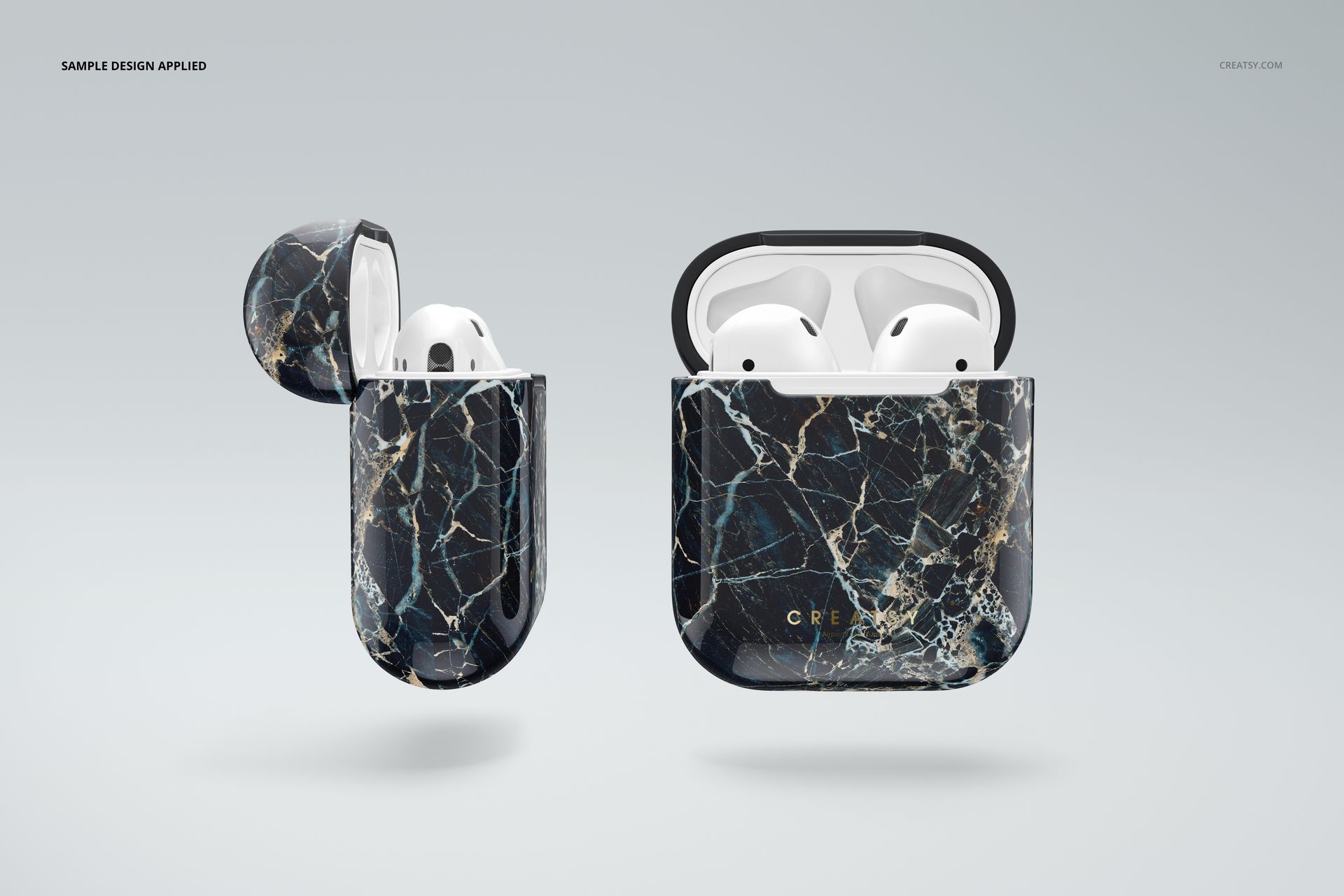 AirPods case mockup featuring a dark marble design, showing both open and closed cases on a plain white surface.