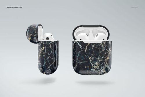 AirPods case mockup featuring a dark marble design, showing both open and closed cases on a plain white surface.