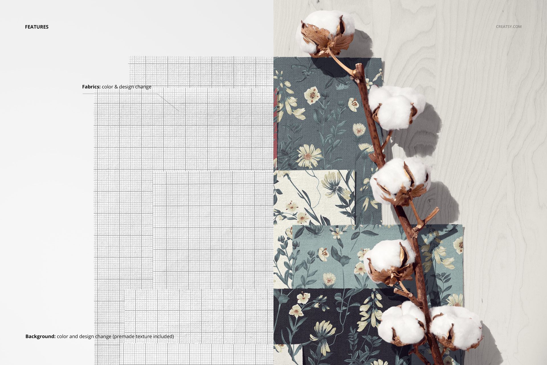PSD mockup featuring several cotton fabric samples in different colors and patterns, placed beside cotton branches on a pale wood texture.