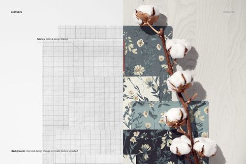 PSD mockup featuring several cotton fabric samples in different colors and patterns, placed beside cotton branches on a pale wood texture.