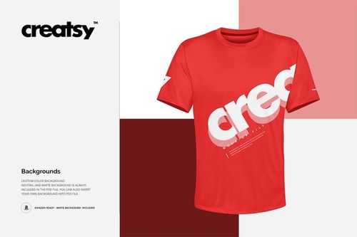 Front view of a red polyester T-shirt with bold white text design, displayed on a color-blocked background mockup.
