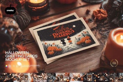 PSD mockup featuring Halloween cards with orange and black artwork, placed on a wooden table with festive decorations.