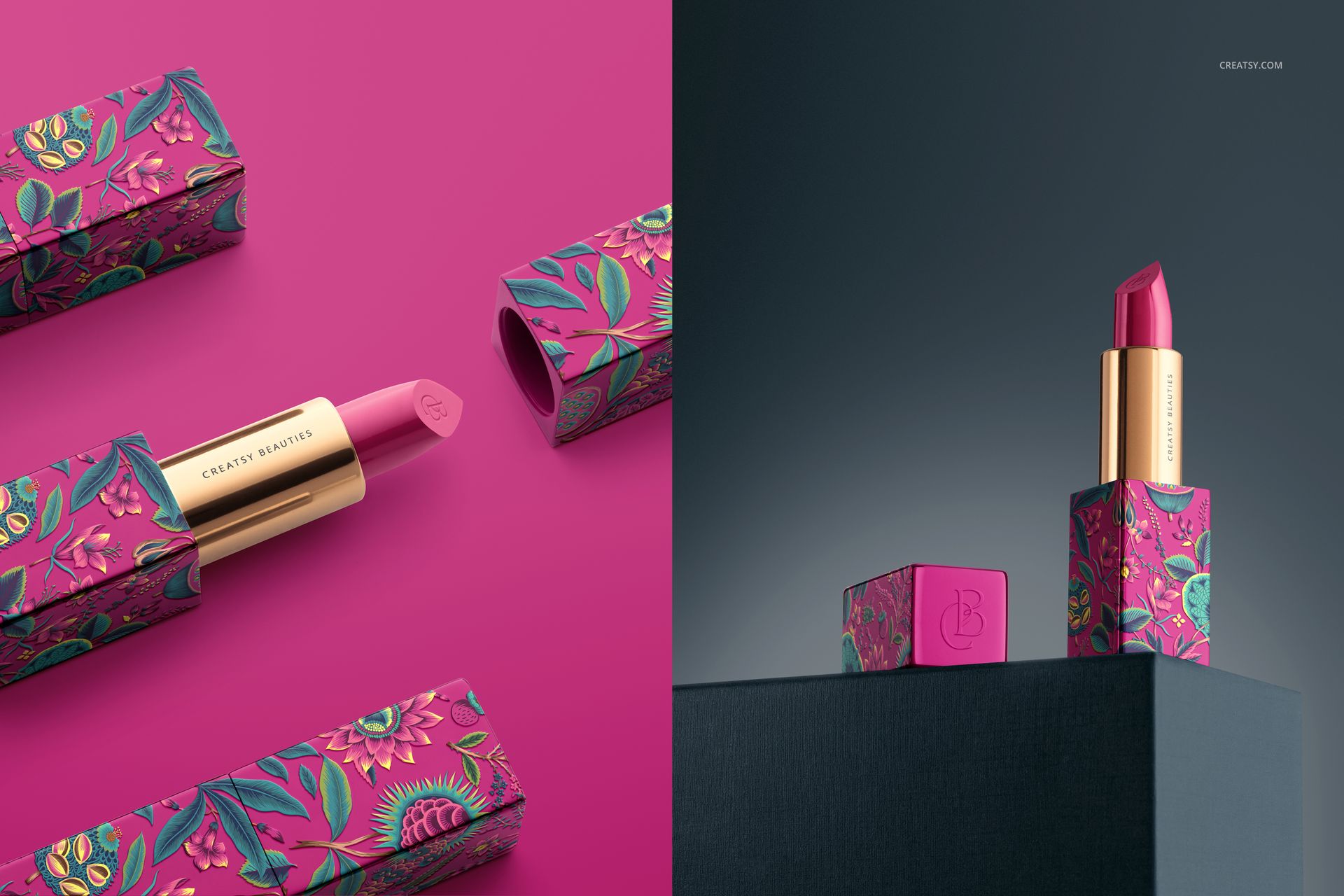 Open and closed lipstick mockup with gold tube and colorful patterned case, set against pink and dark backgrounds.