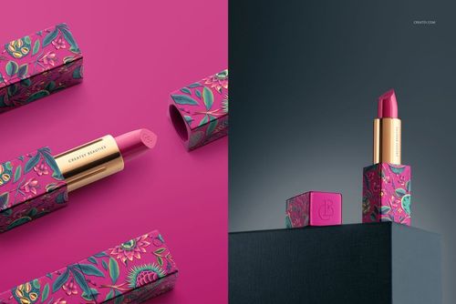 Open and closed lipstick mockup with gold tube and colorful patterned case, set against pink and dark backgrounds.