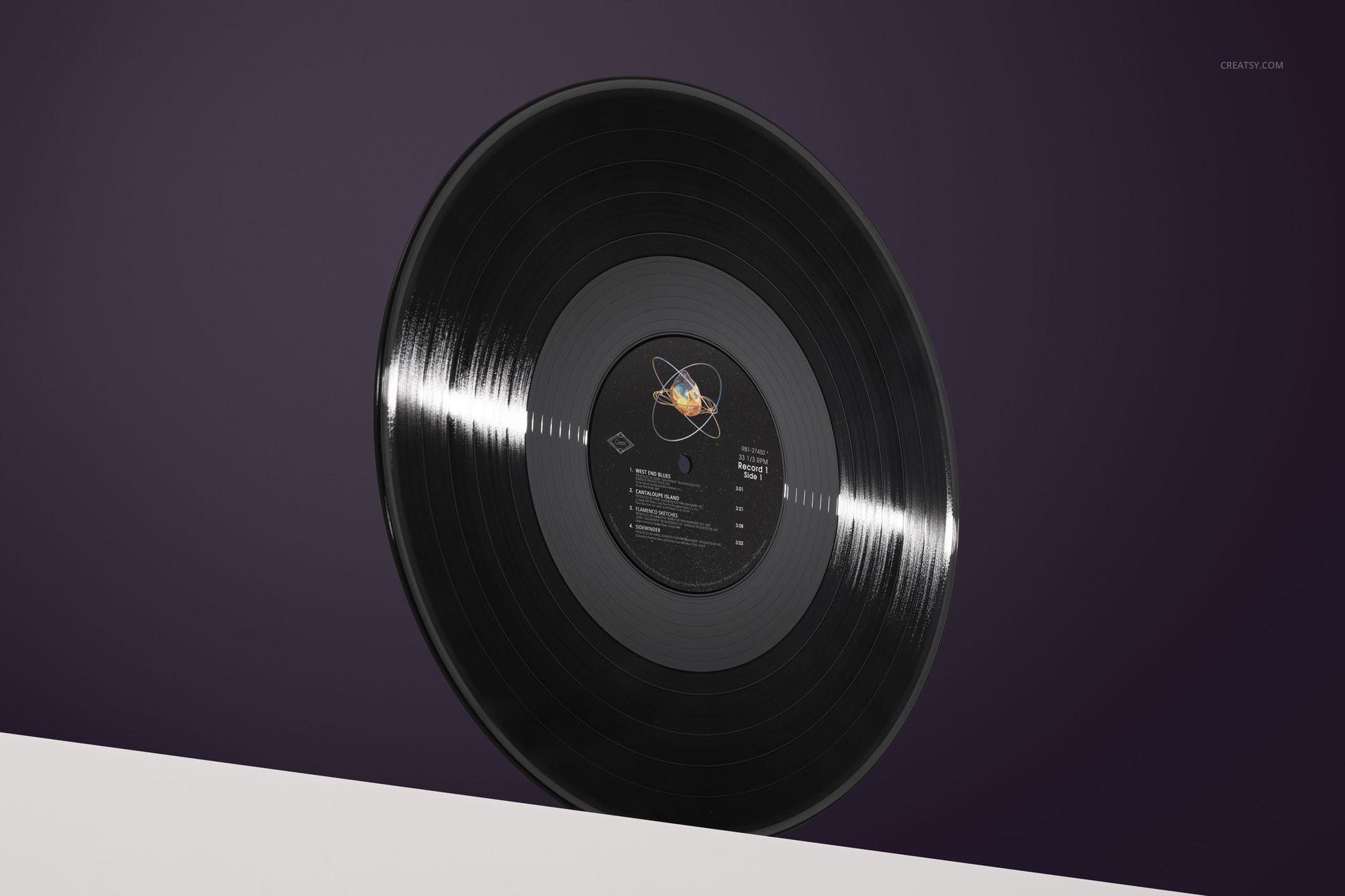 Angled view of a black vinyl record mockup with visible grooves and label, set against a purple backdrop.