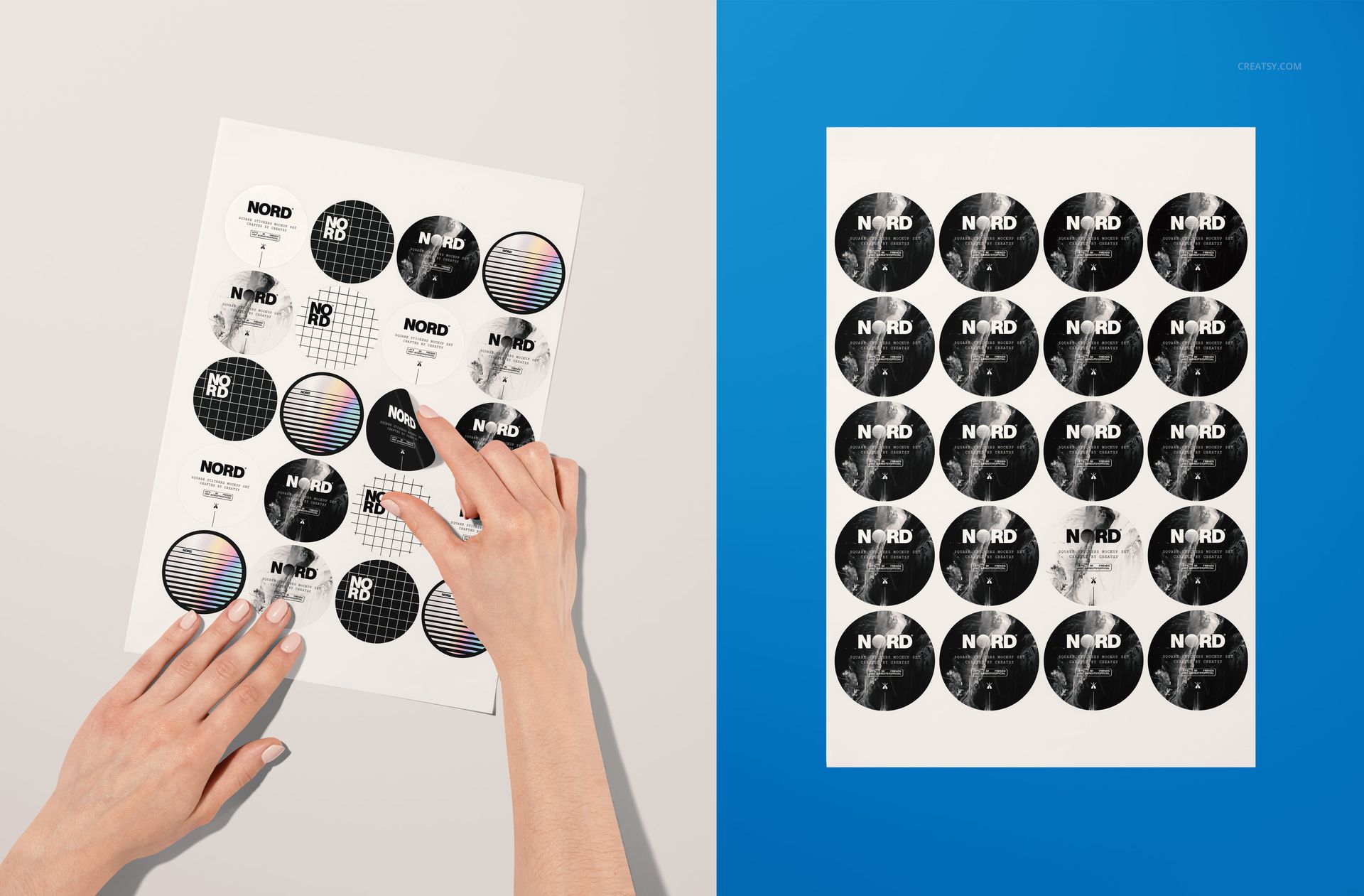 Round sticker mockup set featuring multiple black and white stickers on a sheet, top view with blue and beige backgrounds.