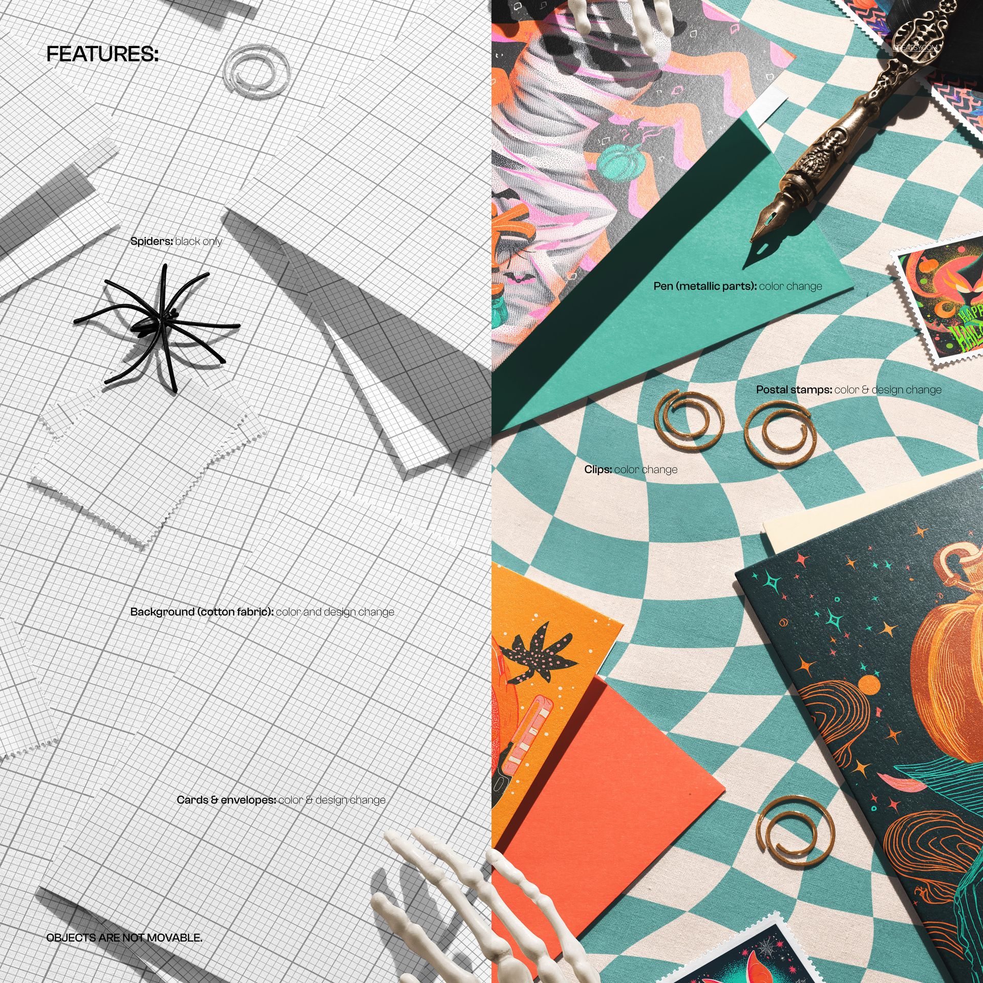 Halloween greeting card and envelope mockup with skeleton hands, spider, pen, and geometric background, top view.