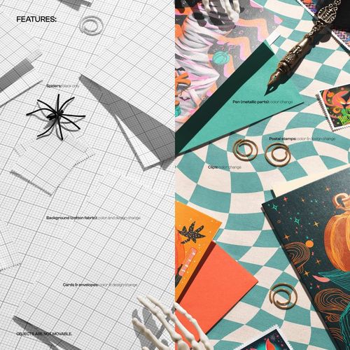 Halloween greeting card and envelope mockup with skeleton hands, spider, pen, and geometric background, top view.