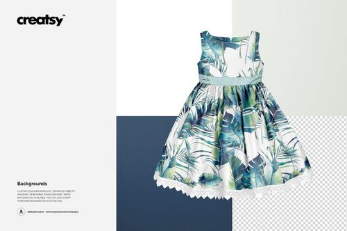 Front view of a sleeveless kids dress mockup featuring a tropical leaf pattern in green and blue tones on a white background.