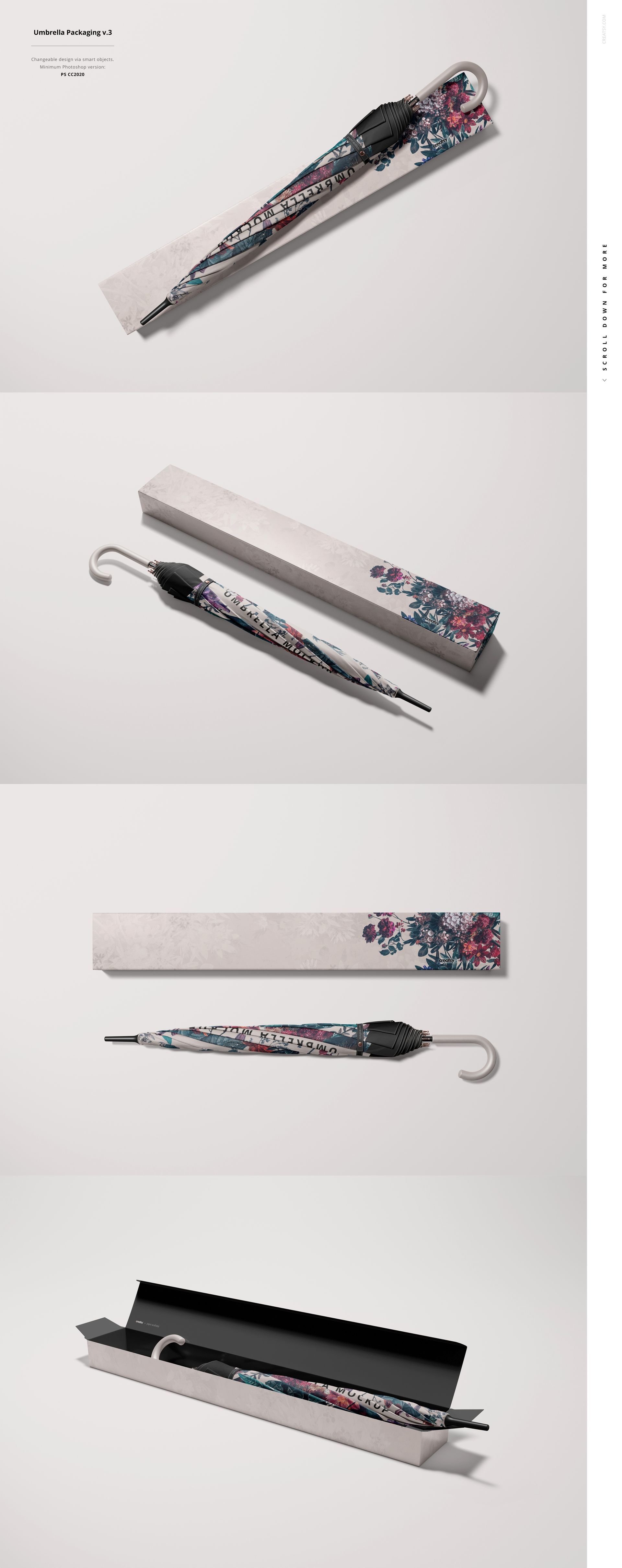 Umbrella mockup featuring a closed floral umbrella and coordinating box, presented in various angles on a neutral surface.