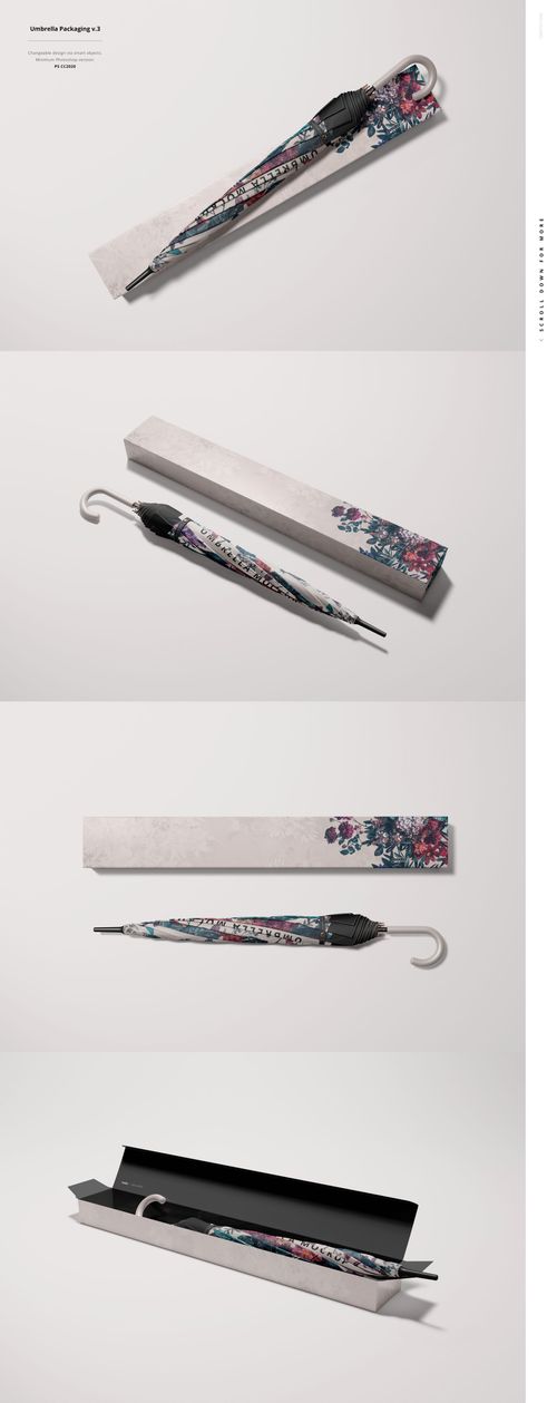 Umbrella mockup featuring a closed floral umbrella and coordinating box, presented in various angles on a neutral surface.