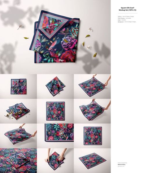 Fabric mockup bundle showing square textiles with vibrant floral patterns, displayed from various angles on a light surface.