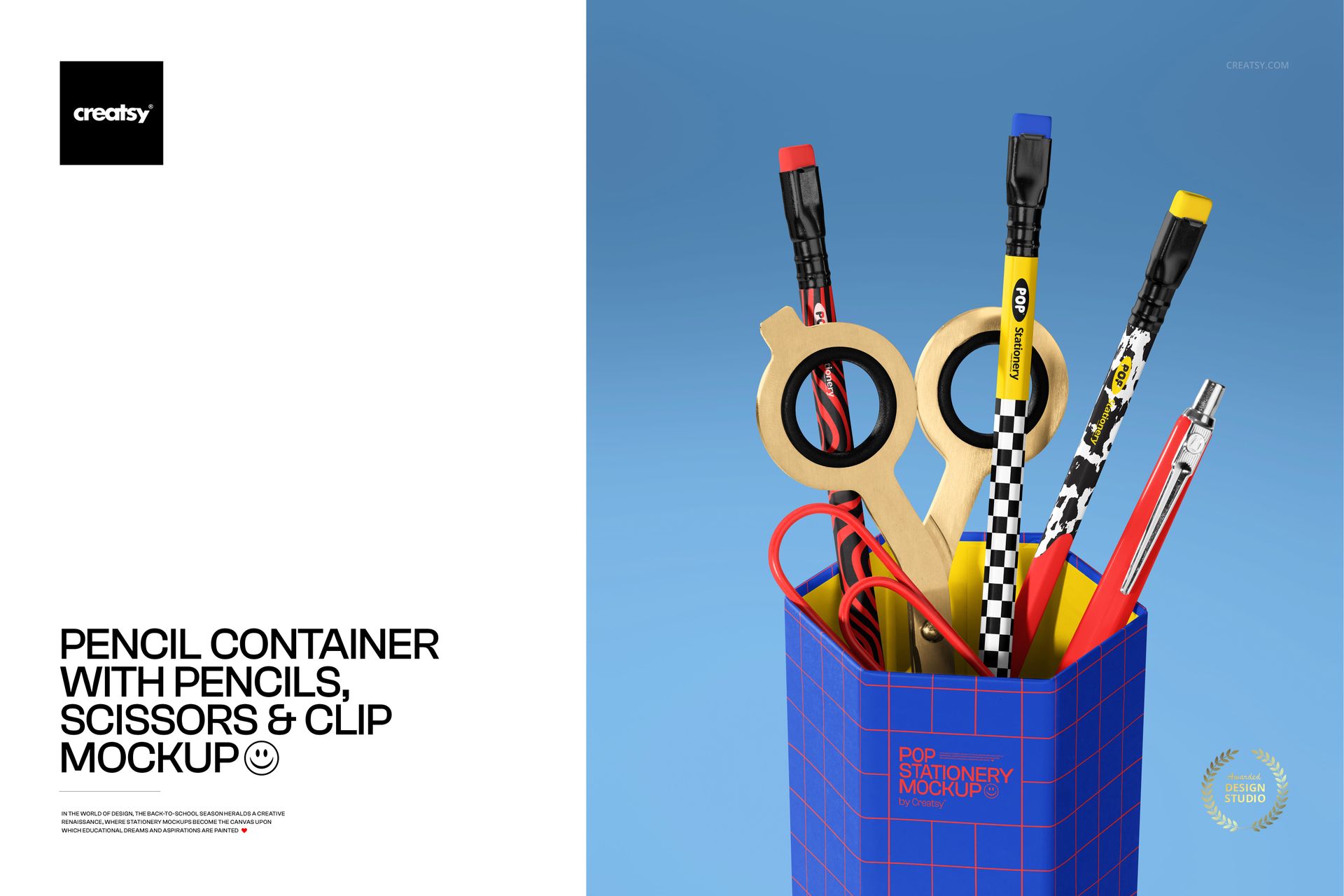 PSD mockup showing a stationery holder filled with pencils, scissors, and a clip, viewed from the front on a blue backdrop.