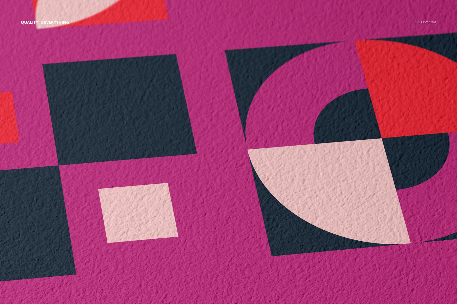 A3 fine art print mockup featuring geometric shapes in dark blue, pink, and off-white on textured paper, close-up view.