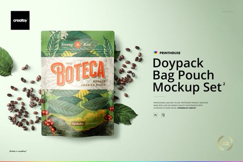 Doypack bag pouch mockup with leaf and coffee berry illustration, shown upright with coffee beans on a light background.