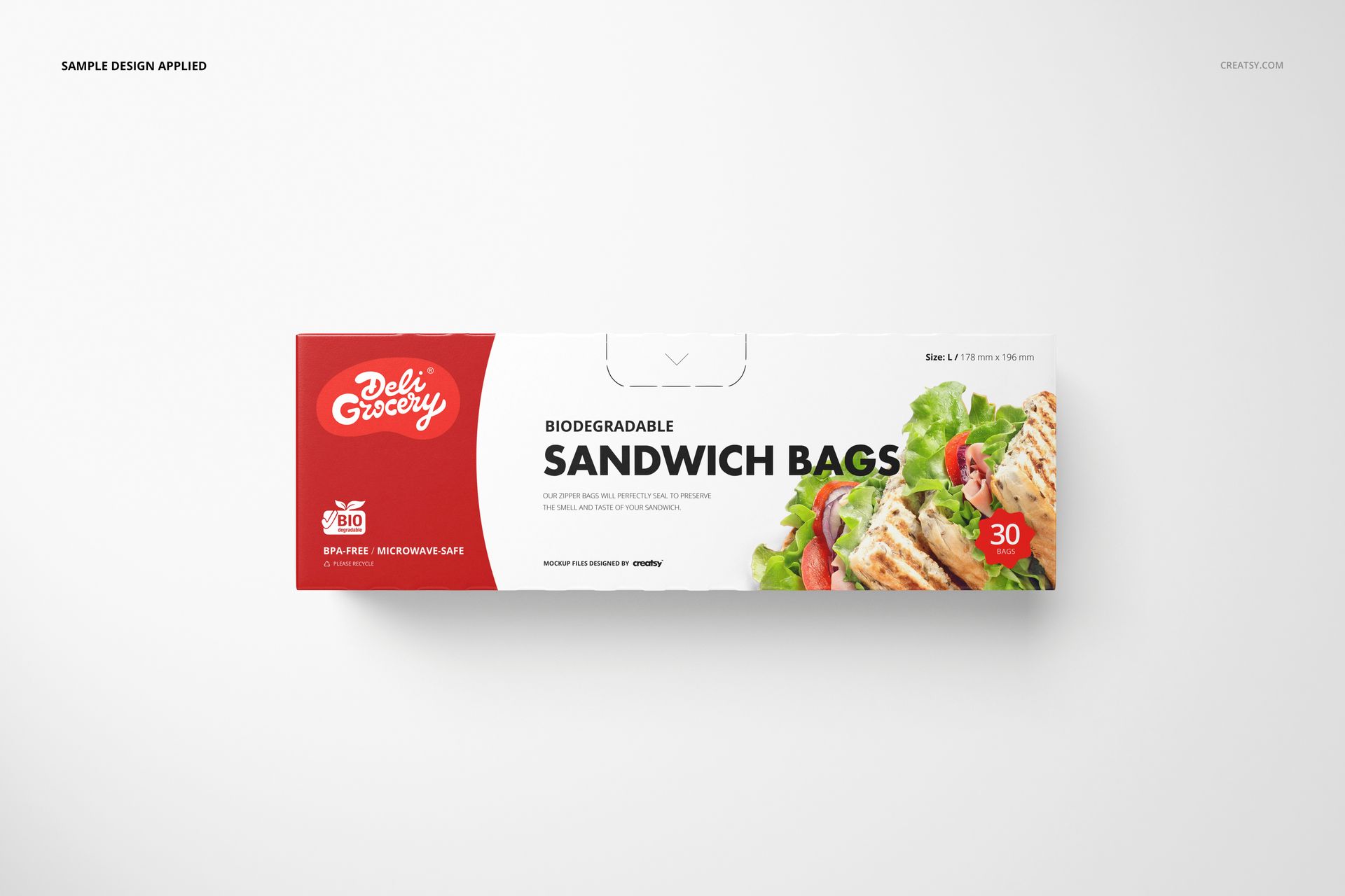 Front-facing sandwich bags packaging box mockup, featuring grilled sandwich imagery and bold red accents.