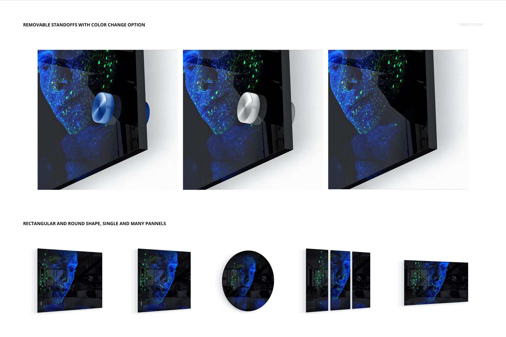 Acrylic print mockup set featuring close-up views of standoffs and various panel shapes including rectangular and round.