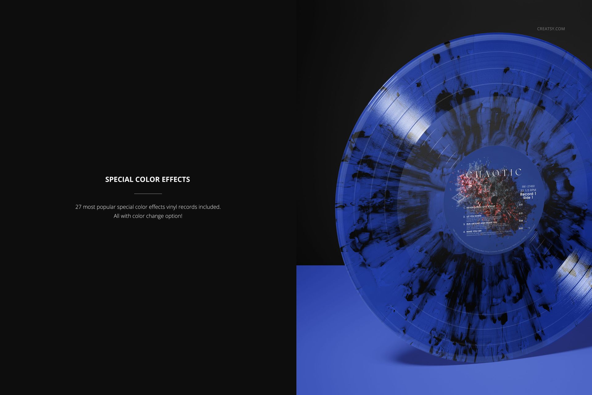 Standing colored vinyl record mockup with blue and black splatter design, positioned vertically on a blue platform in a studio setting.