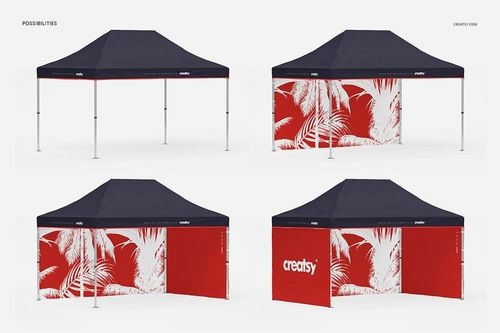 Four variations of a pop up tent mockup featuring a dark blue canopy and red side walls with white leaf graphics.