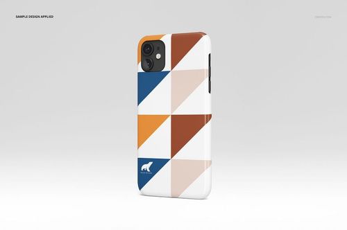 Glossy snap case for iPhone 11 featuring a modern geometric design in blue, brown, and beige, displayed in mockup format.