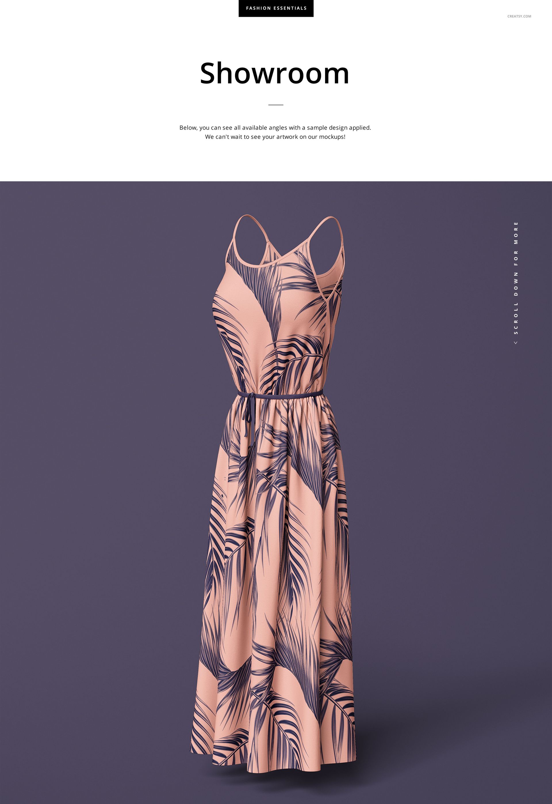 PSD mockup of a long wavy dress shown upright, displaying a bold palm leaf design in purple over pale pink.