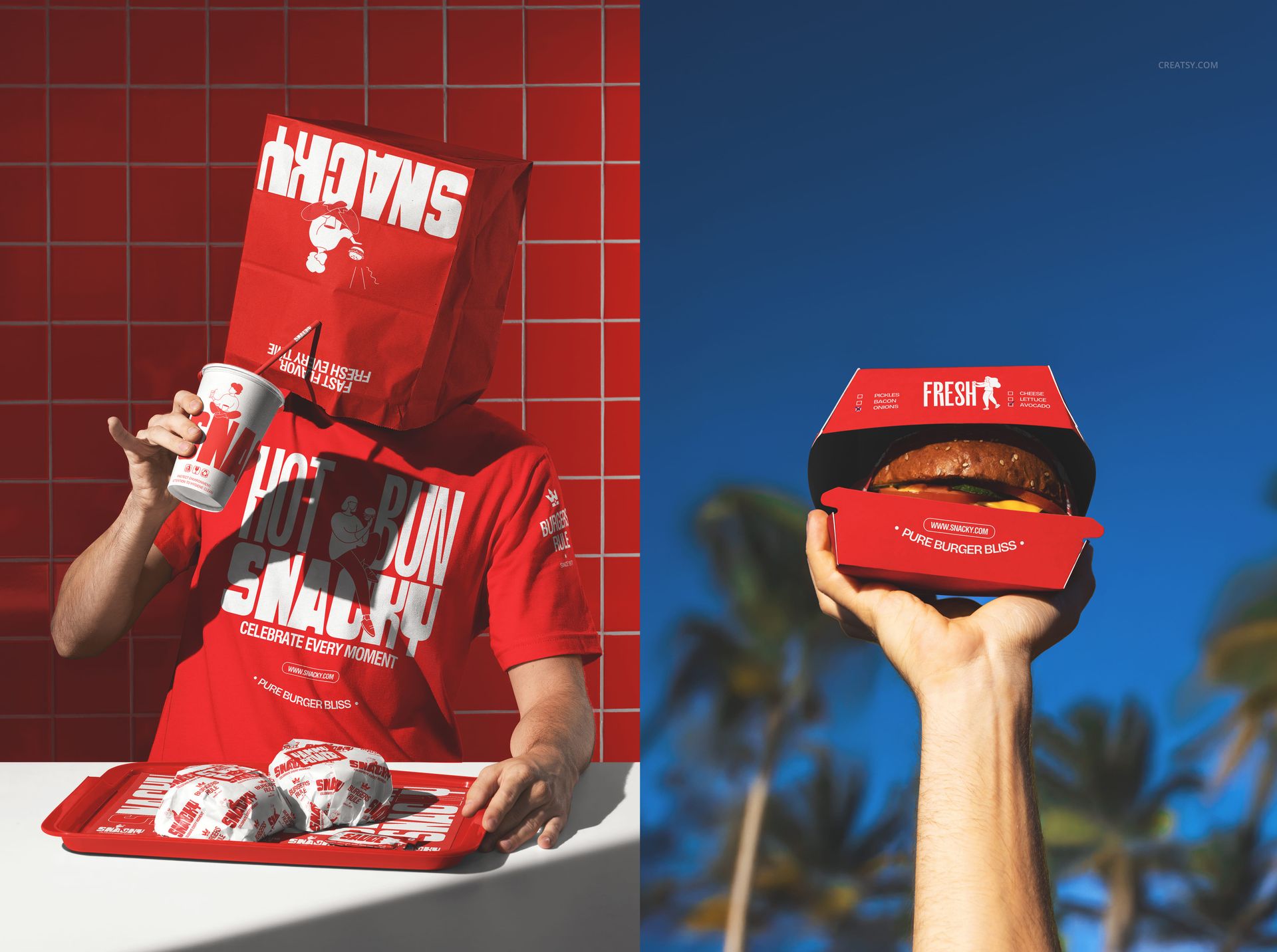 Fast food restaurant scene with red tray, wrapped burgers, drink cup, and branded packaging mockup against tiled wall.