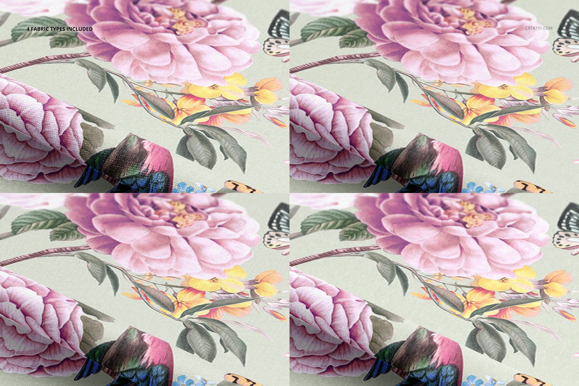Angled view of fabric mockup displaying pink and yellow flowers with butterflies on a light background.