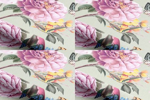 Angled view of fabric mockup displaying pink and yellow flowers with butterflies on a light background.