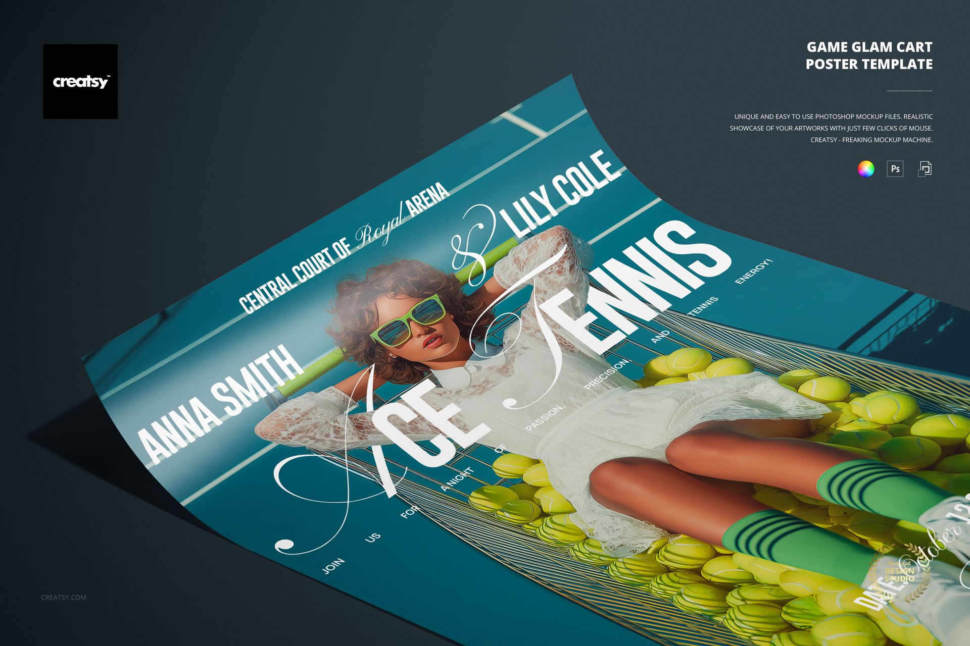 Angled perspective of a colorful poster mockup featuring tennis imagery, green striped socks, and bold white text.