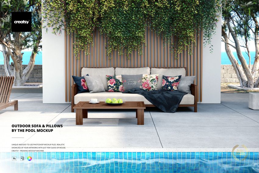Outdoor Sofa with Pillows by the Pool Mockup - mockup screenshot 1