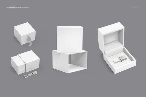Acrylic USB drive slide box mockup set featuring four white boxes with USB drives, shown from various angles on a gray background.