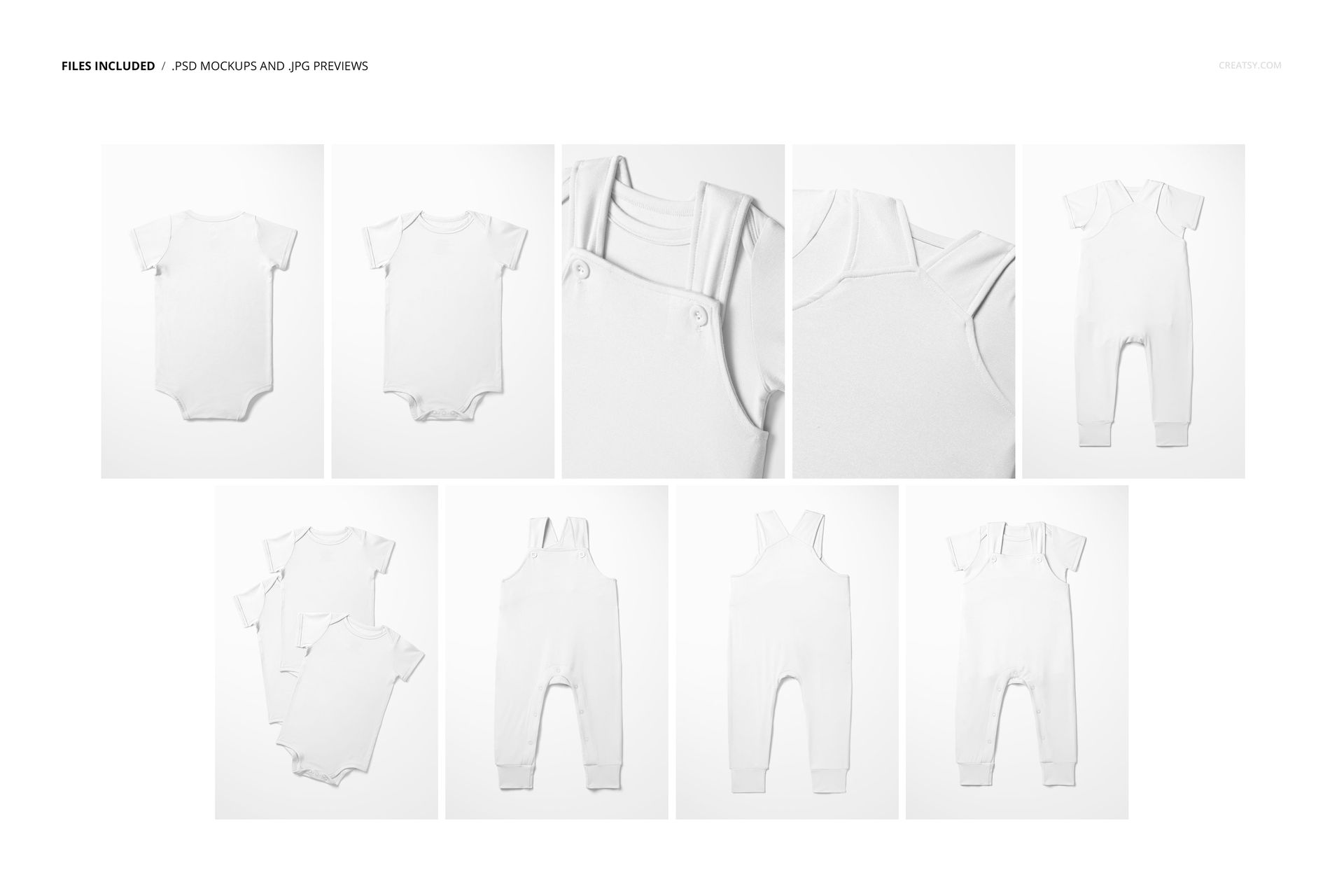 Set of baby bodysuit and overalls mockups in white, shown from various angles on a plain background.