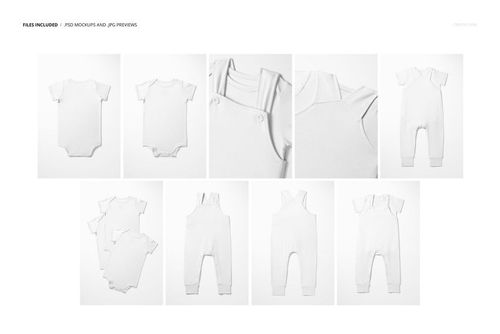 Set of baby bodysuit and overalls mockups in white, shown from various angles on a plain background.