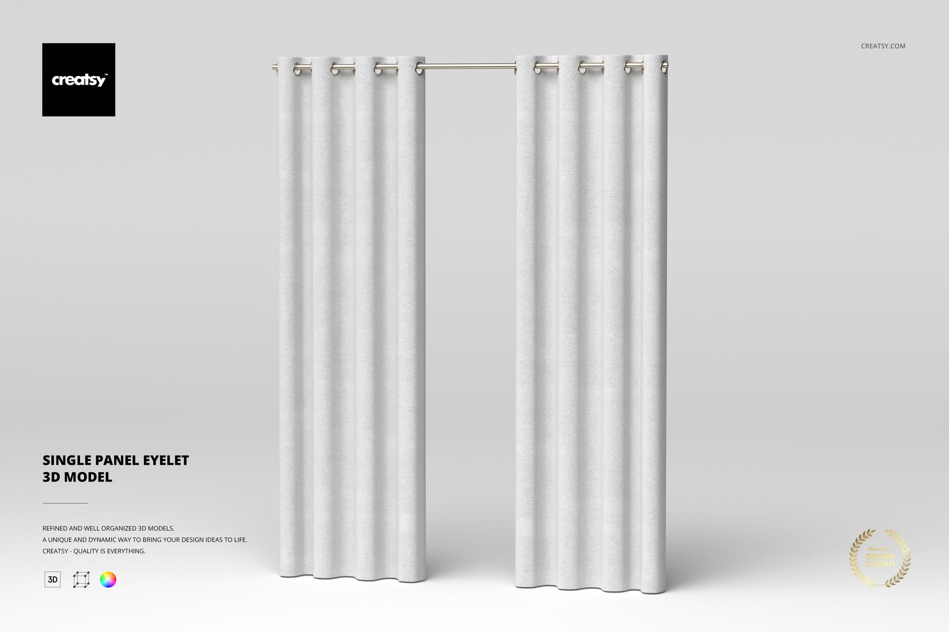 Single panel eyelet curtain in light gray fabric, hanging from a metal rod, shown from a front view on a plain background.