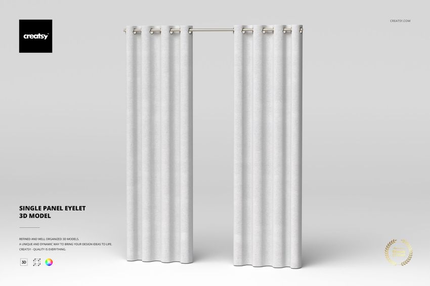Single panel eyelet curtain in light gray fabric, hanging from a metal rod, shown from a front view on a plain background.