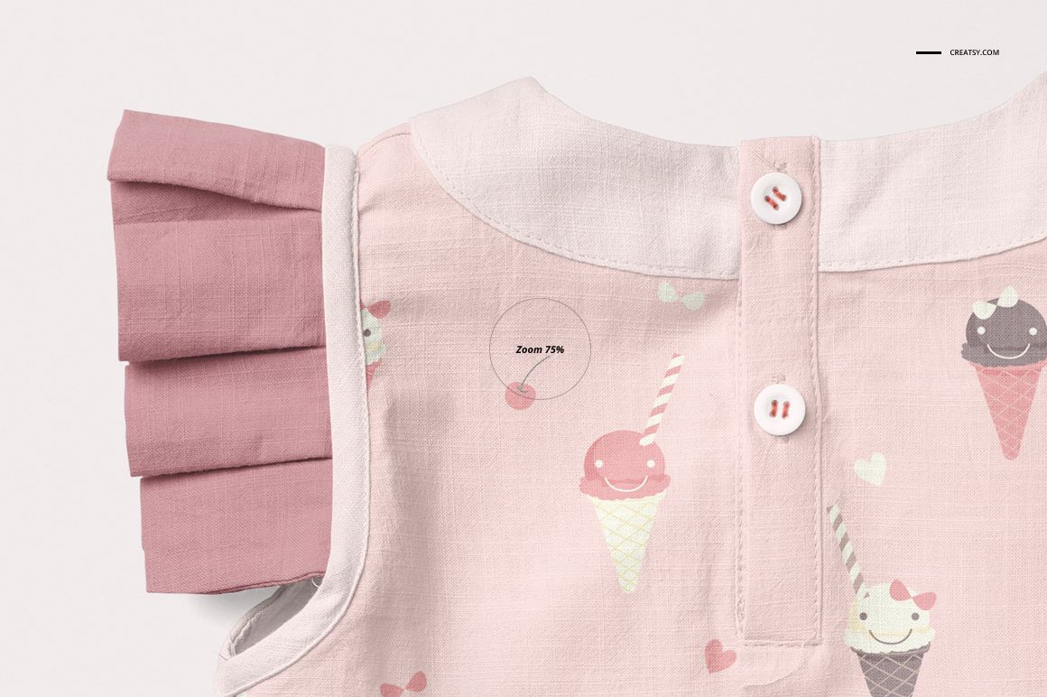 Close-up front view of a baby blouse mockup with pink fabric, ice cream cone pattern, and pleated sleeve detail.