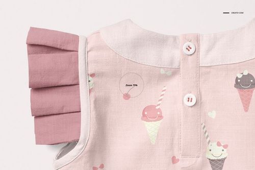 Close-up front view of a baby blouse mockup with pink fabric, ice cream cone pattern, and pleated sleeve detail.