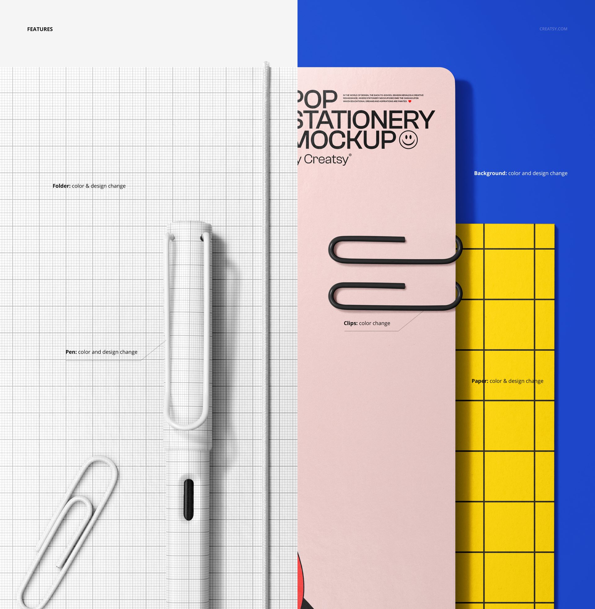 Close-up view of a paper folder mockup showing two halves with grid and solid color backgrounds, pens, and paper clips.