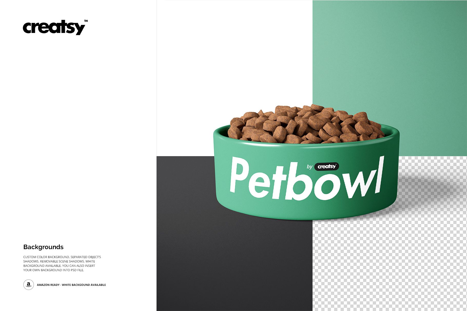 Front view of a green pet bowl mockup with white lettering, filled with pet food, placed on a split color background.