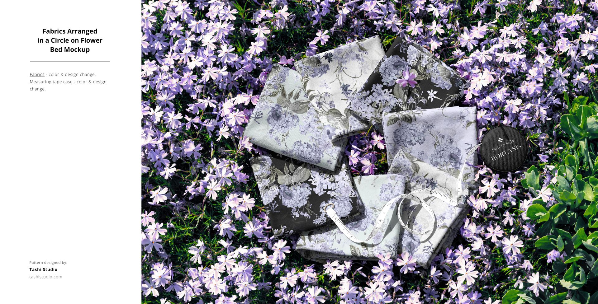PSD mockup showing multiple fabric swatches with floral designs arranged on a lush bed of purple flowers outdoors.