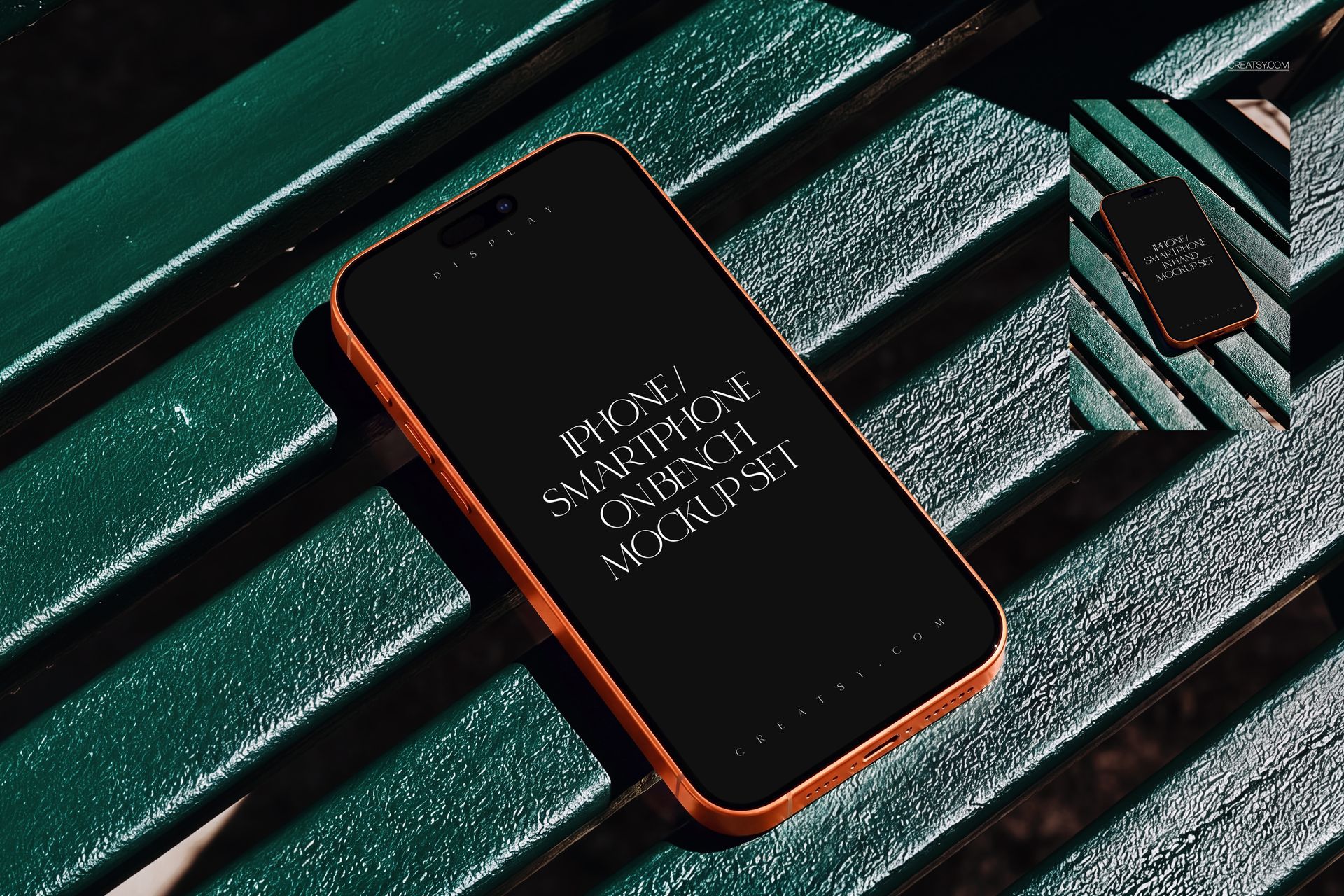 Orange iPhone mockup lying on a green park bench, landscape scene for a website hero with a portrait version for stories