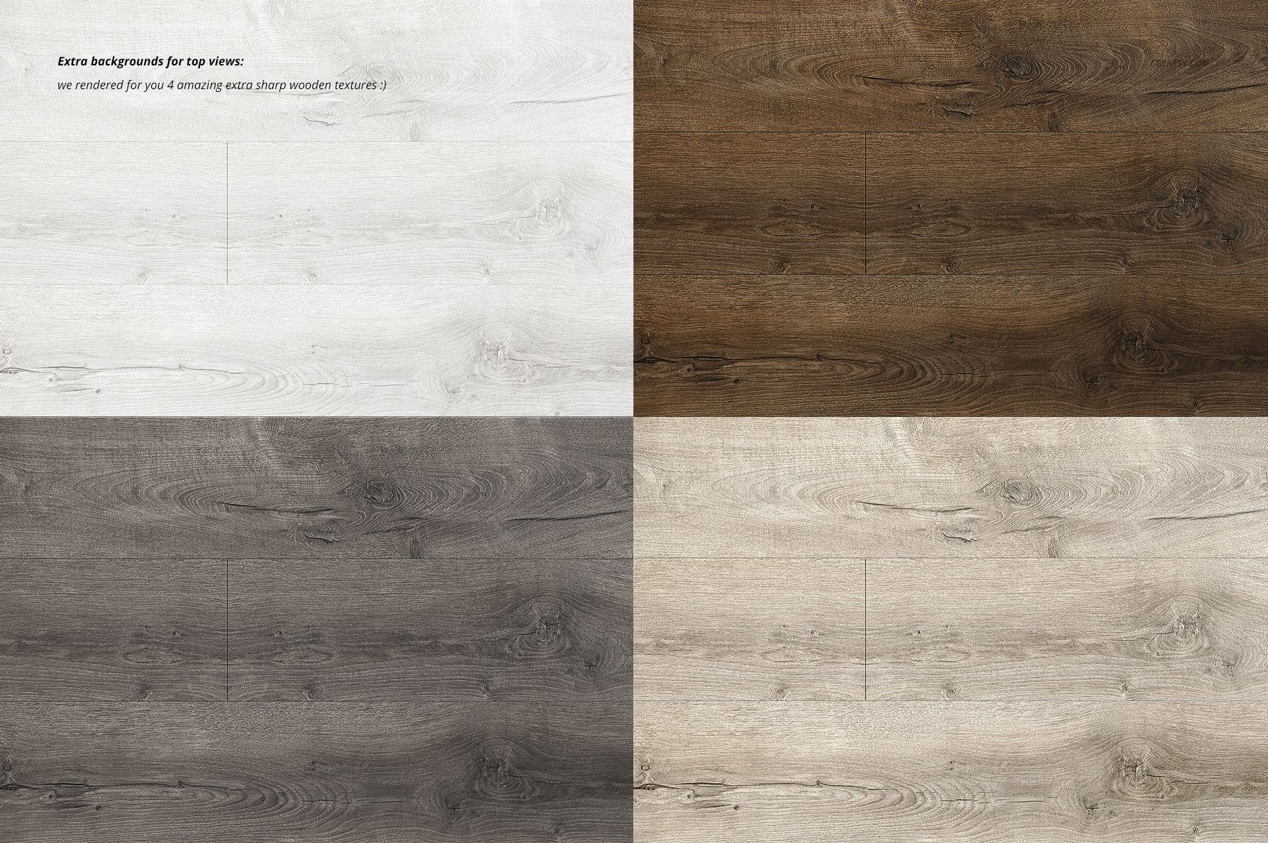 Grid layout showing four wooden surface textures in various colors, viewed from above for mockup use.